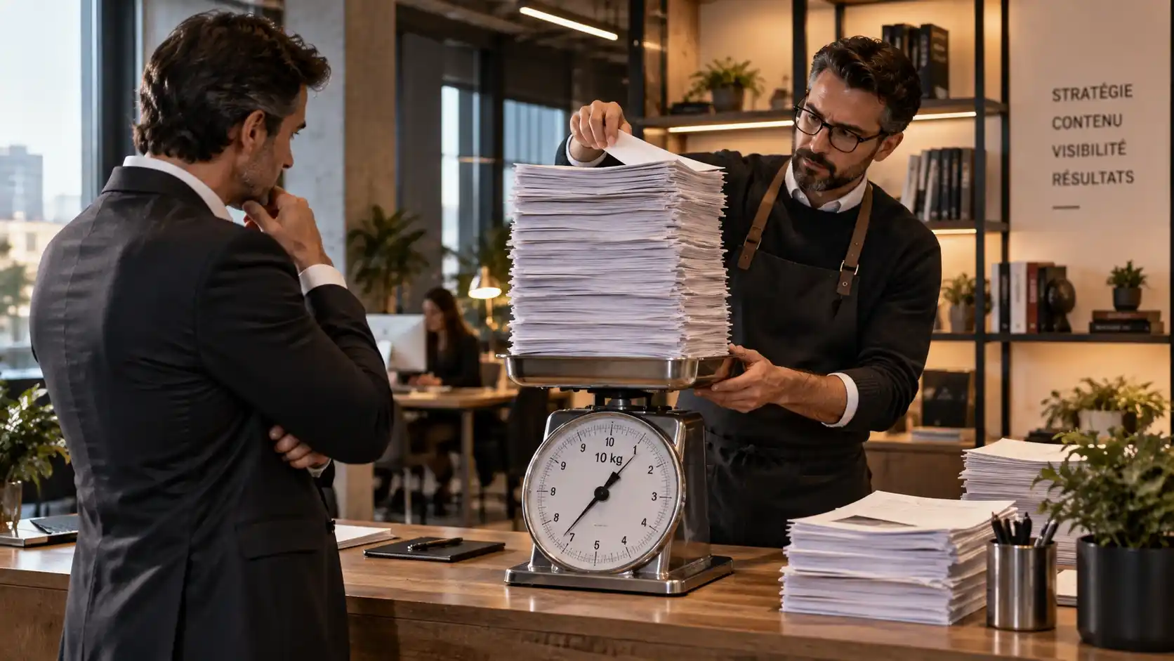 Pile d’articles pesée sur une balance pour illustrer la qualité du contenu SEO