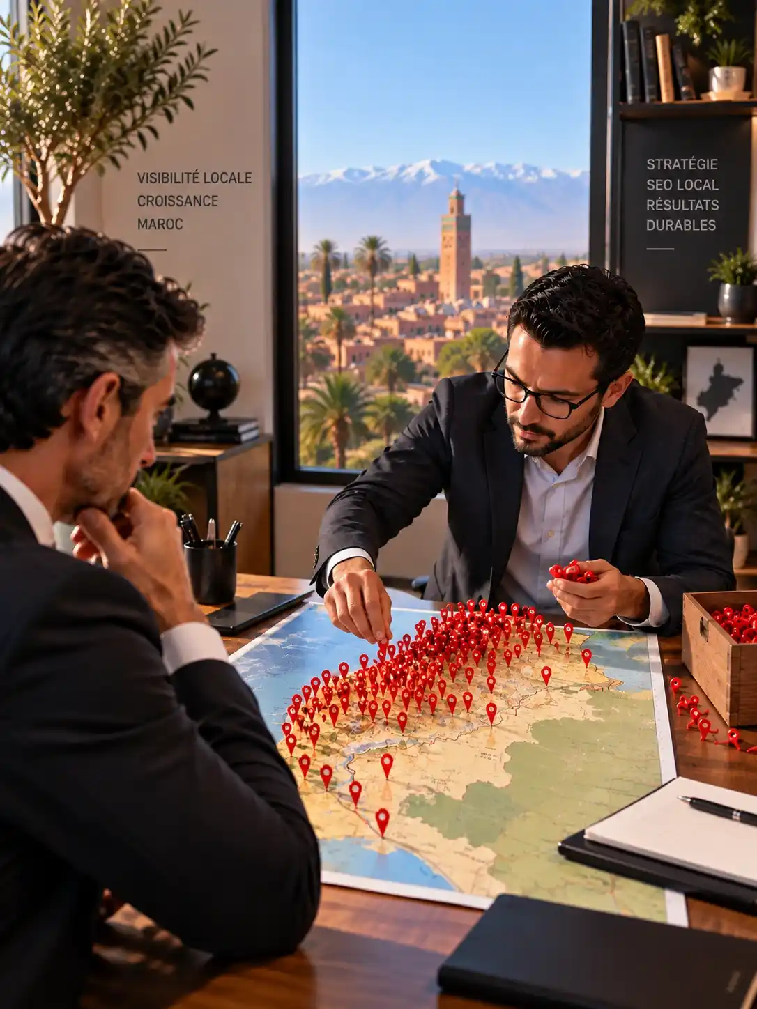 Carte du Maroc couverte de repères pour illustrer une stratégie de référencement local