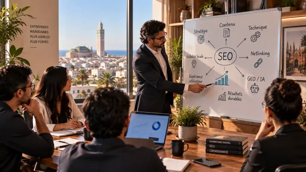 Équipe définissant une stratégie SEO autour de la technique, du contenu et de la visibilité